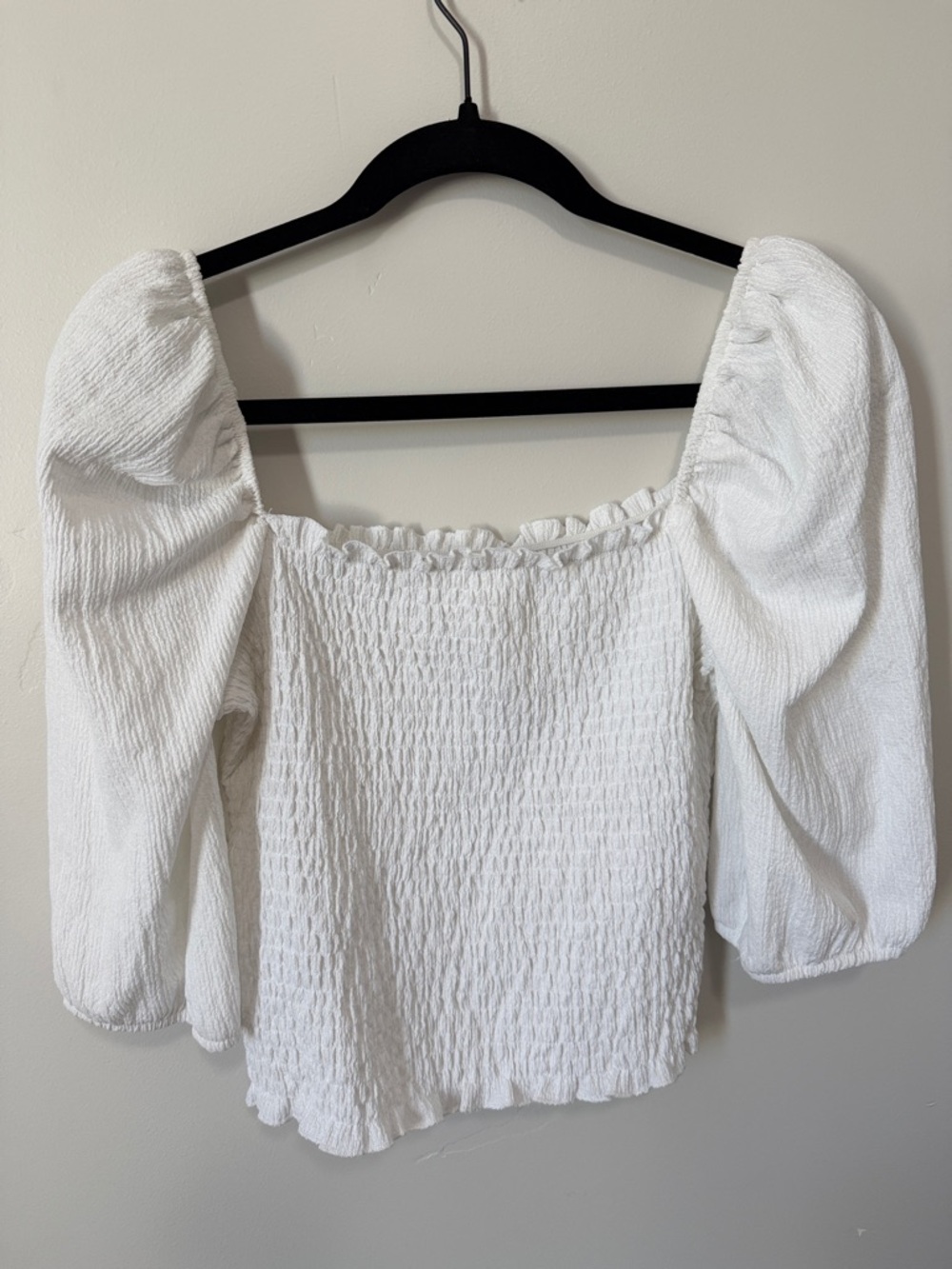 H&M White Smocked Square Neck Puff Sleeve Blouse